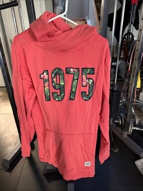 Jack & Jones Coral Pink Hooded Sweatshirt with Tropical 1975 Print